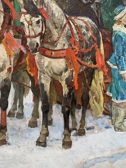 Oil painting of Santa Claus on spotted white horse in red harness by Weissburg Efim Efimovich