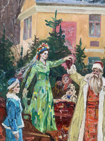 Vibrant green embroidered gown on woman with floral headdress, Oil painting by Efim Efimovich Weissburg Santa Claus