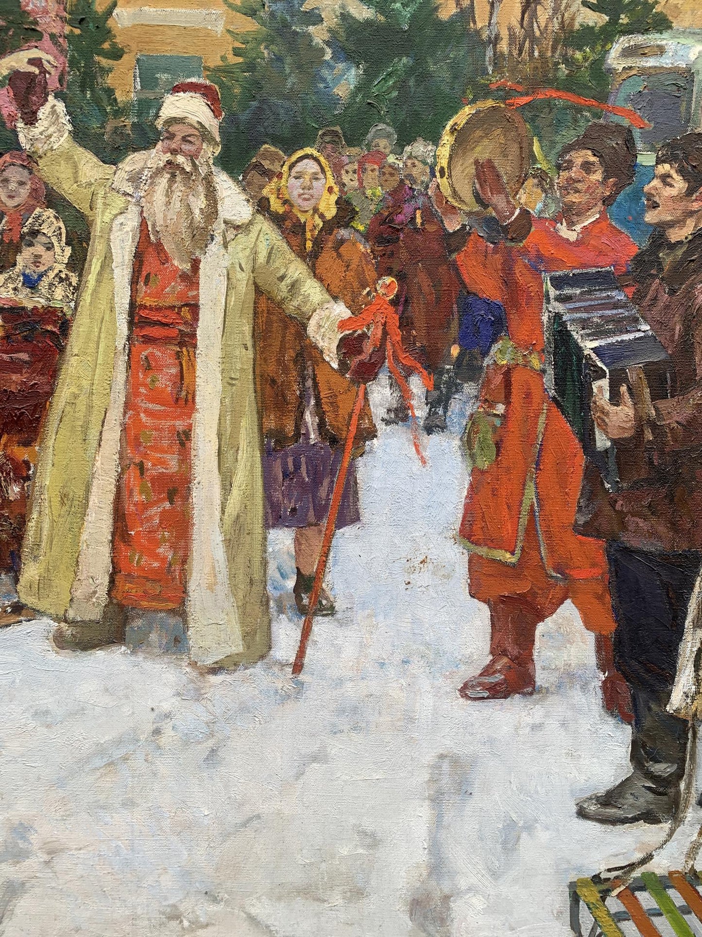 Oil painting of Santa Claus by Efim Efimovich Weissburg in snow-covered street
