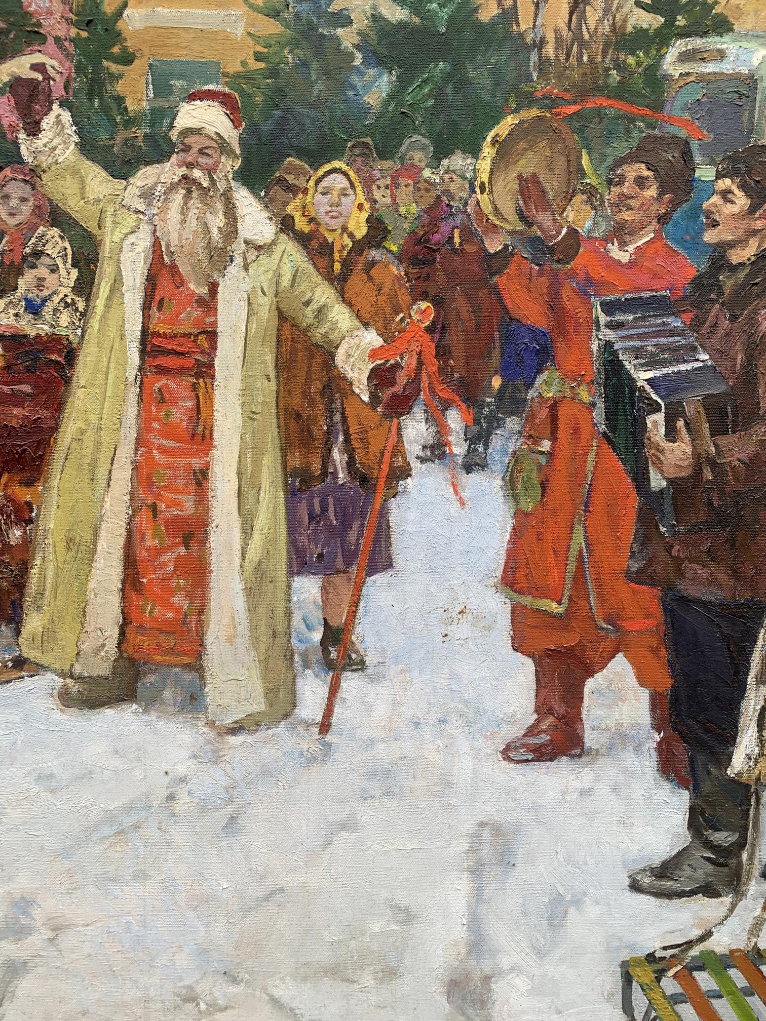 Oil painting of Santa Claus by Efim Efimovich Weissburg in snow-covered street