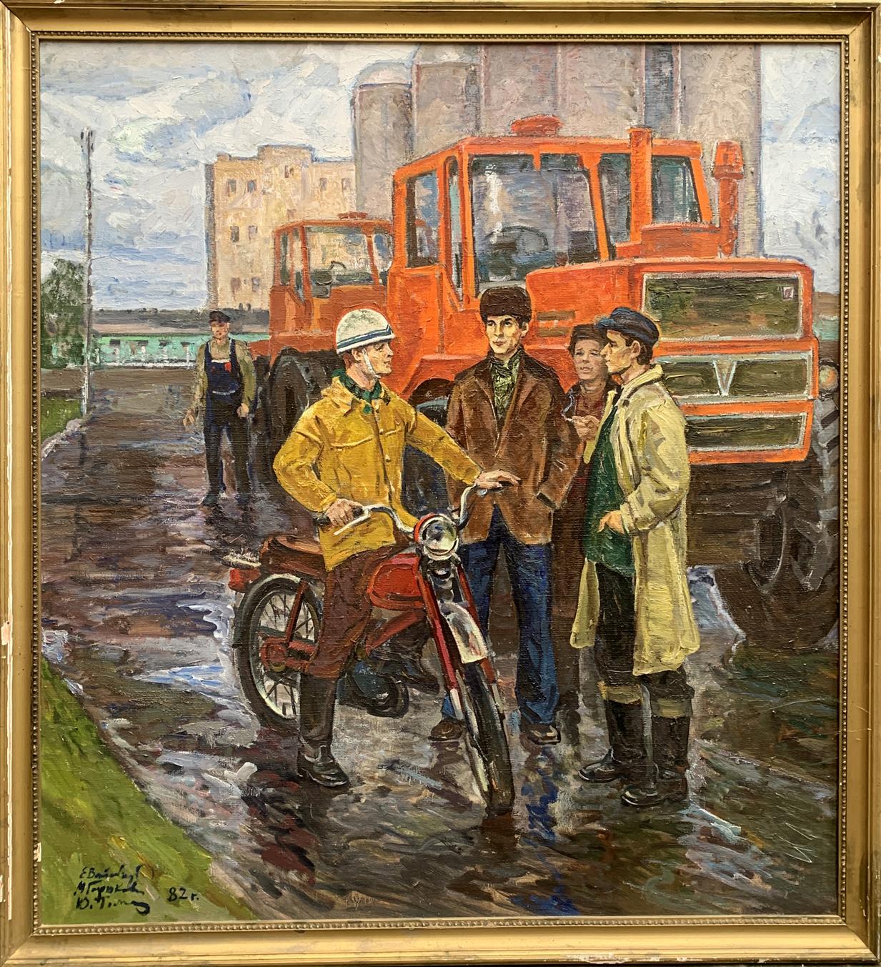 Oil painting by Efim Efimovich Mechanics Weissburg: red motorcycle on wet pavement