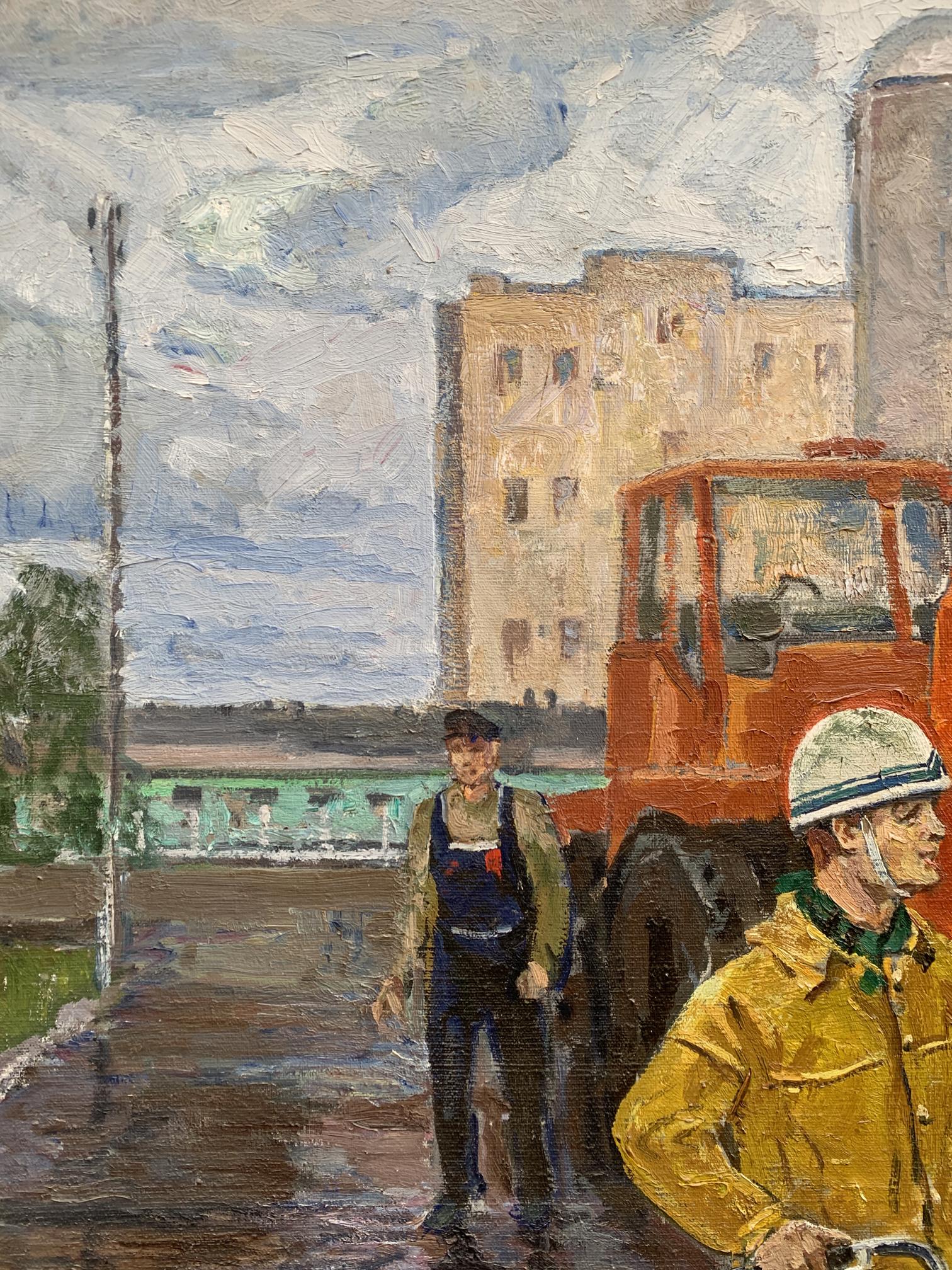 Oil painting by Efim Efimovich Weissburg: orange vehicle with red cab beside mechanics