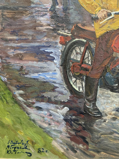 Oil painting by Mechanics Weissburg Efim Efimovich: red-accented motorcycle with rider in yellow