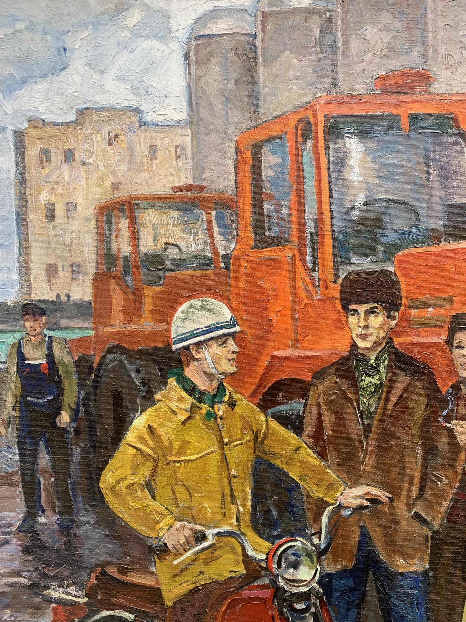 Oil painting by Mechanics Weissburg Efim Efimovich: orange vehicle with red headlight, black tires