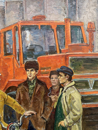 Oil painting by Efim Efimovich Mechanics Weissburg: orange vehicle with red light, black windows