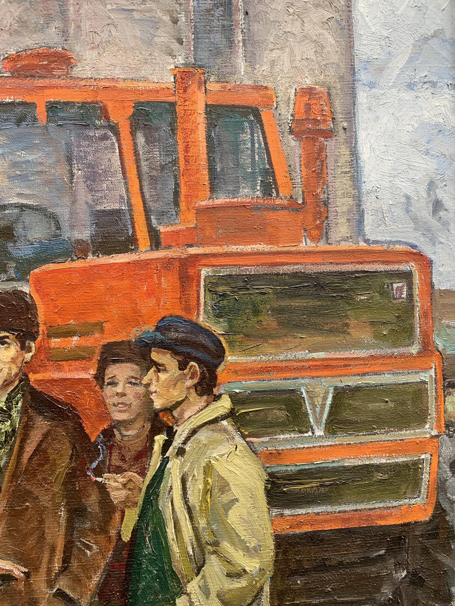 Oil painting by Efim Efimovich Mechanics Weissburg: orange vehicle with green panels, red roof light