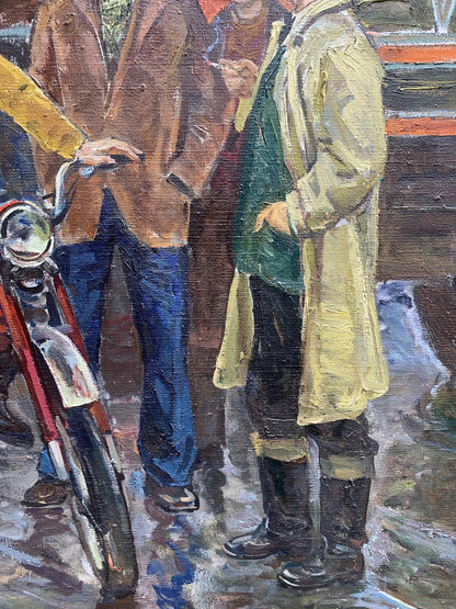 Oil painting of red chrome motorcycle by Efim Efimovich Weissburg