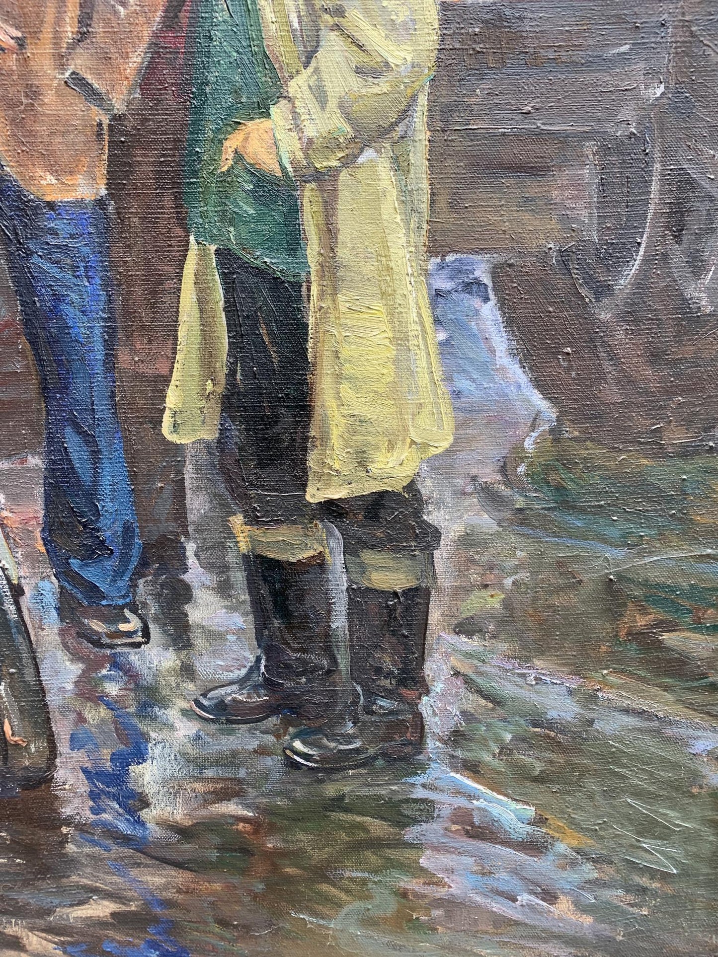 Oil painting by Efim Efimovich Mechanics Weissburg: yellow trench coat, green lining, black boots
