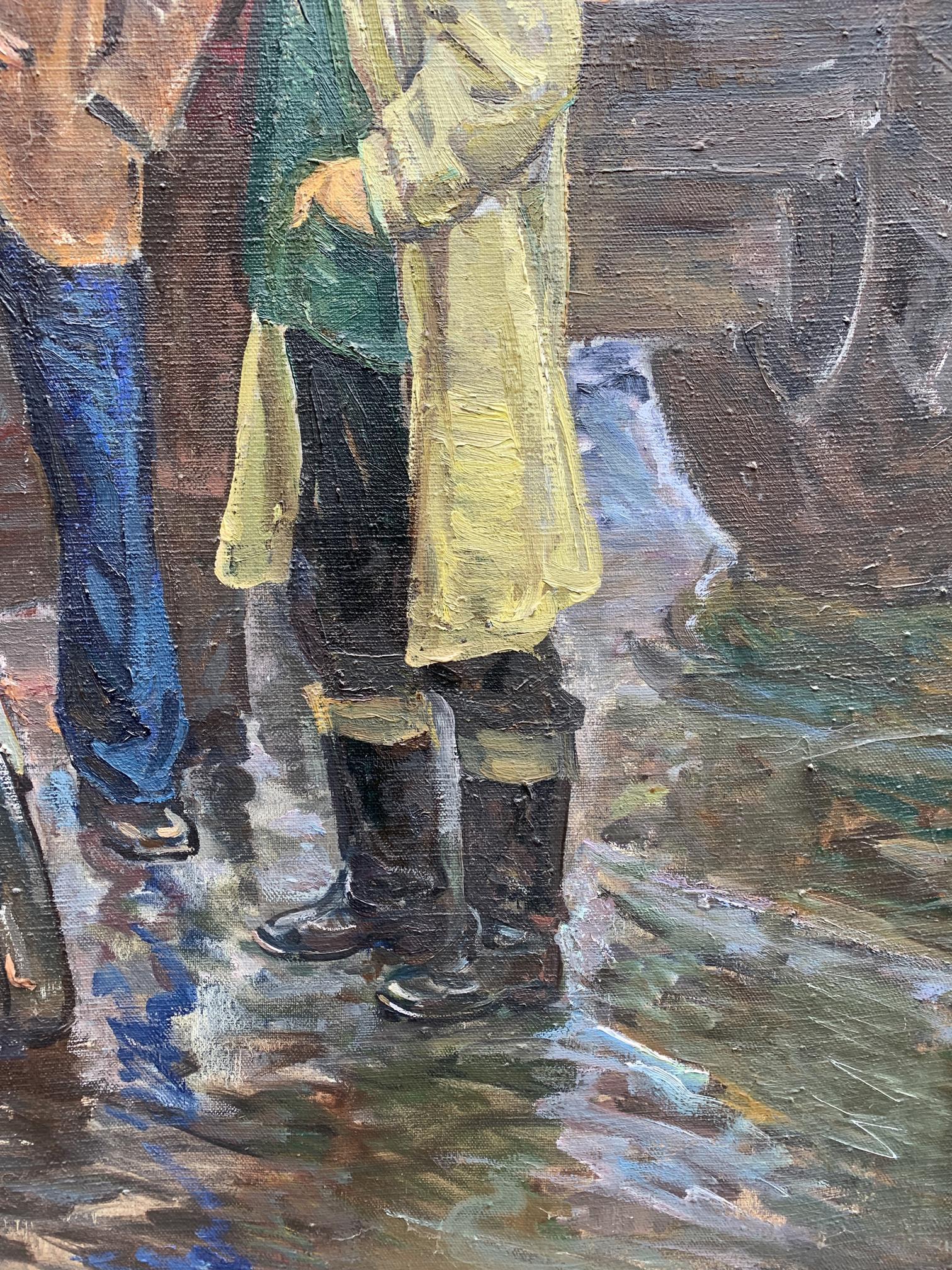 Oil painting by Efim Efimovich Mechanics Weissburg: yellow trench coat, green lining, black boots