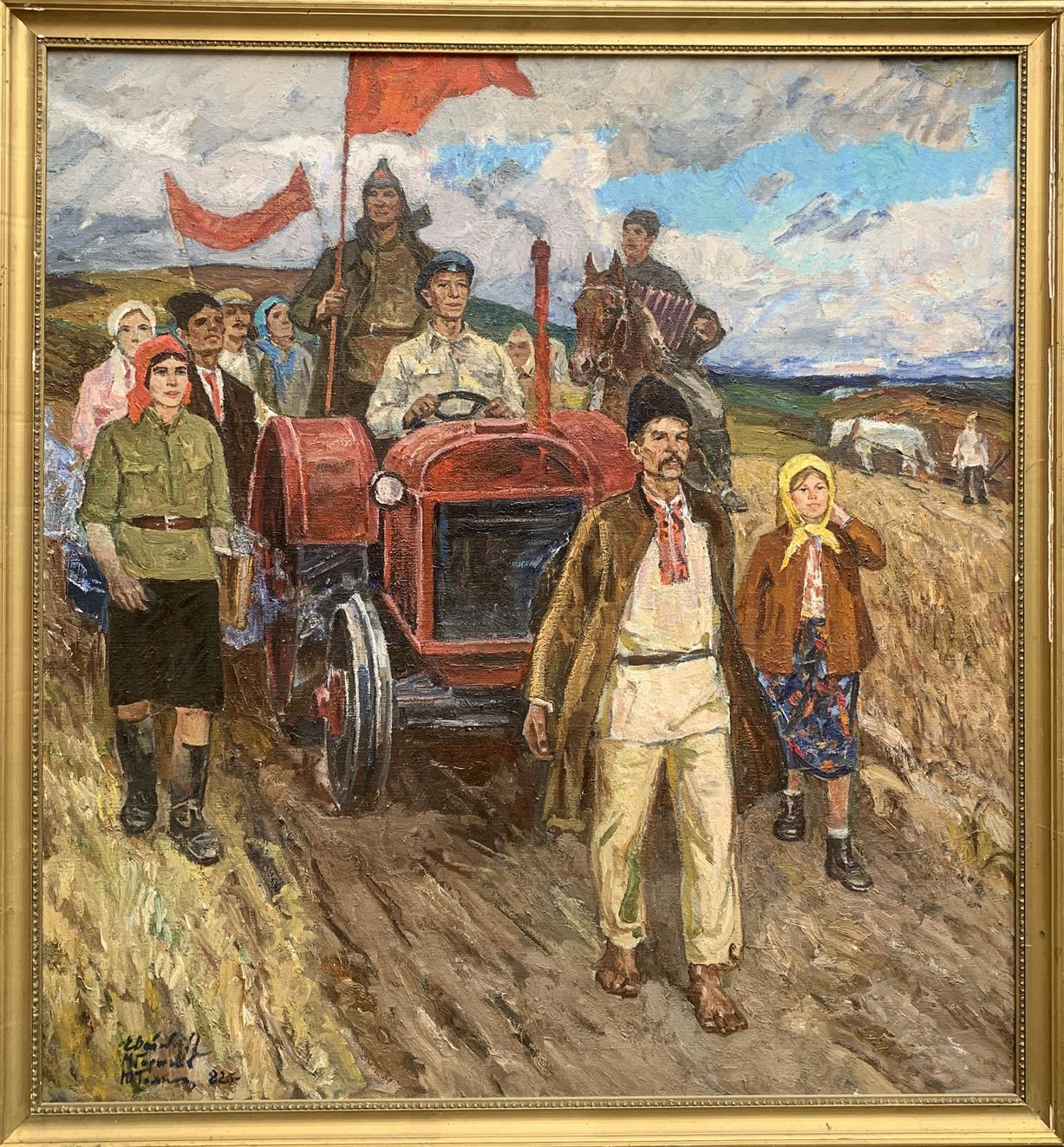 Oil painting of red vintage First tractor Weissburg by Efim Efimovich