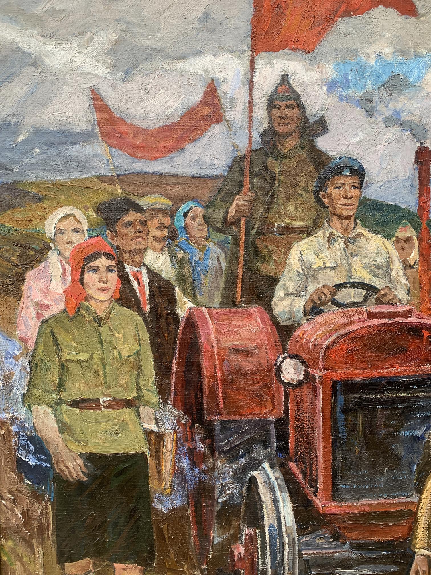 Oil painting of red tractor with black tires and silver headlight by Weissburg Efim Efimovich