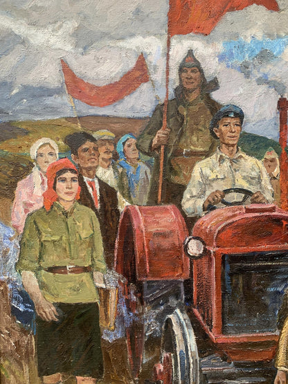 Oil painting of red tractor with black tires and silver headlight by Weissburg Efim Efimovich