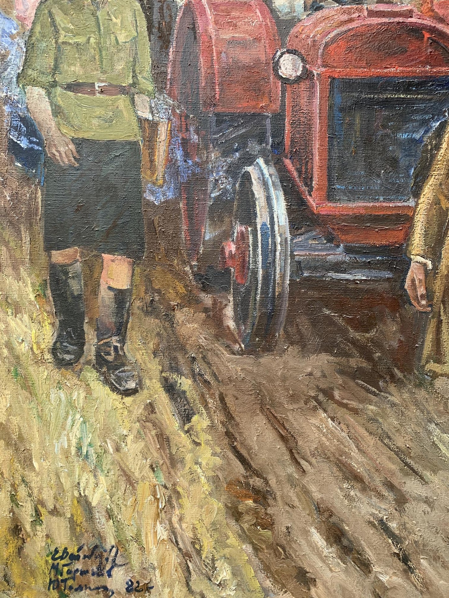 Vibrant oil painting of red vintage First tractor by Weissburg Efim Efimovich