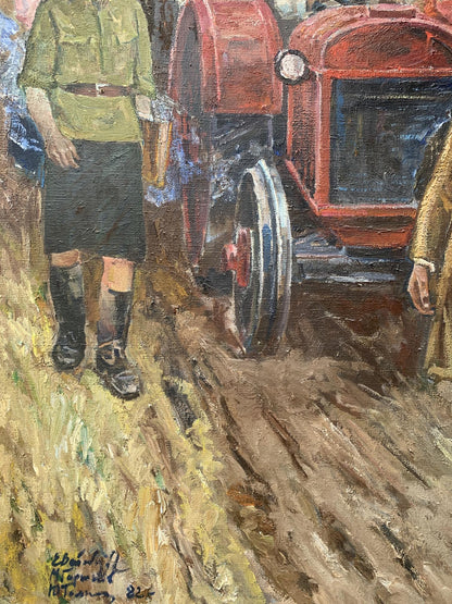 Vibrant oil painting of red vintage First tractor by Weissburg Efim Efimovich