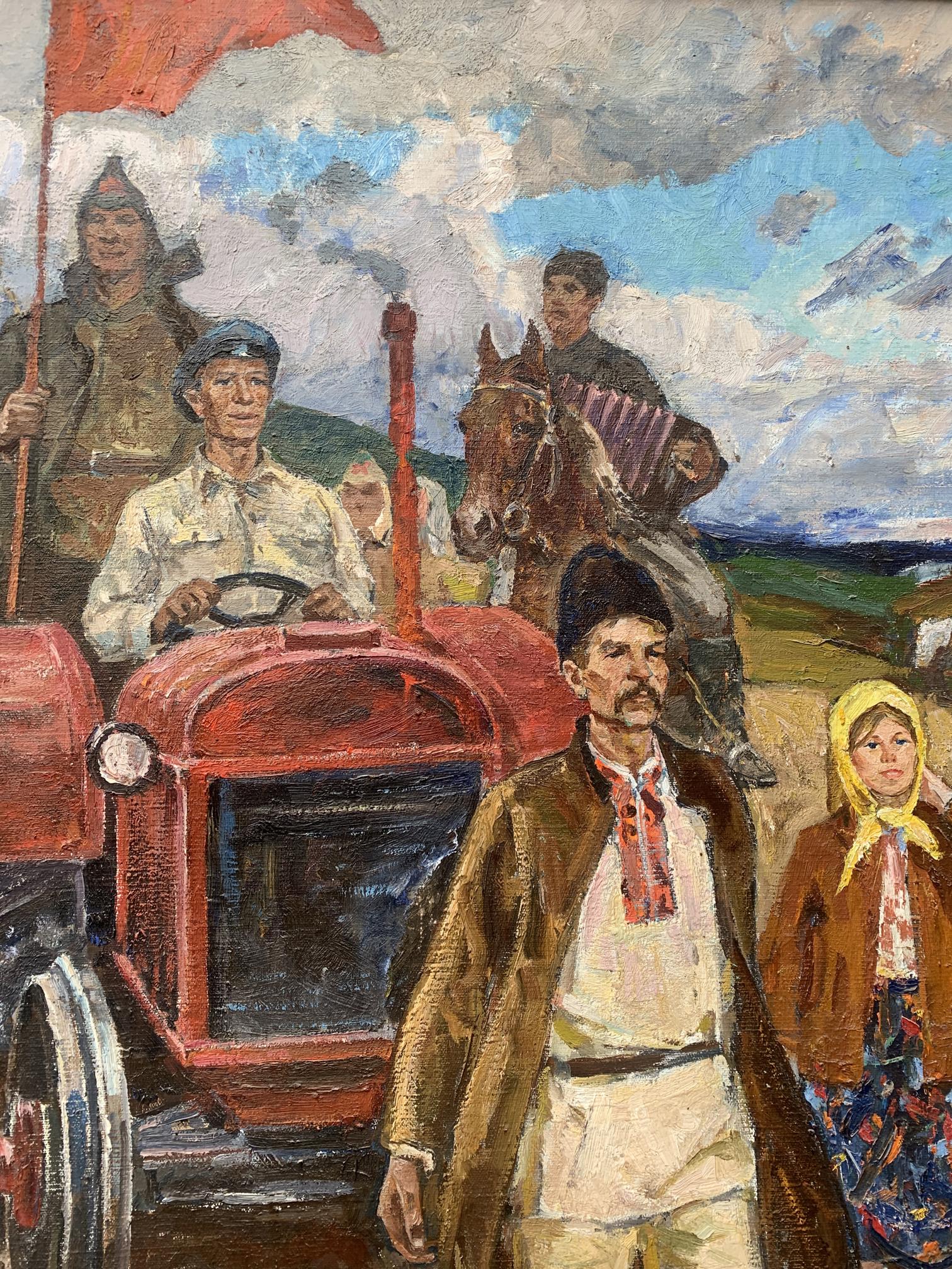 Oil painting of red First tractor by Weissburg Efim Efimovich