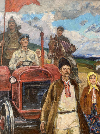 Oil painting of red First tractor by Weissburg Efim Efimovich