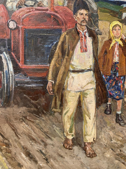 Oil painting First Tractor by Weissburg Efim Efimovich: barefoot man in brown coat by red tractor
