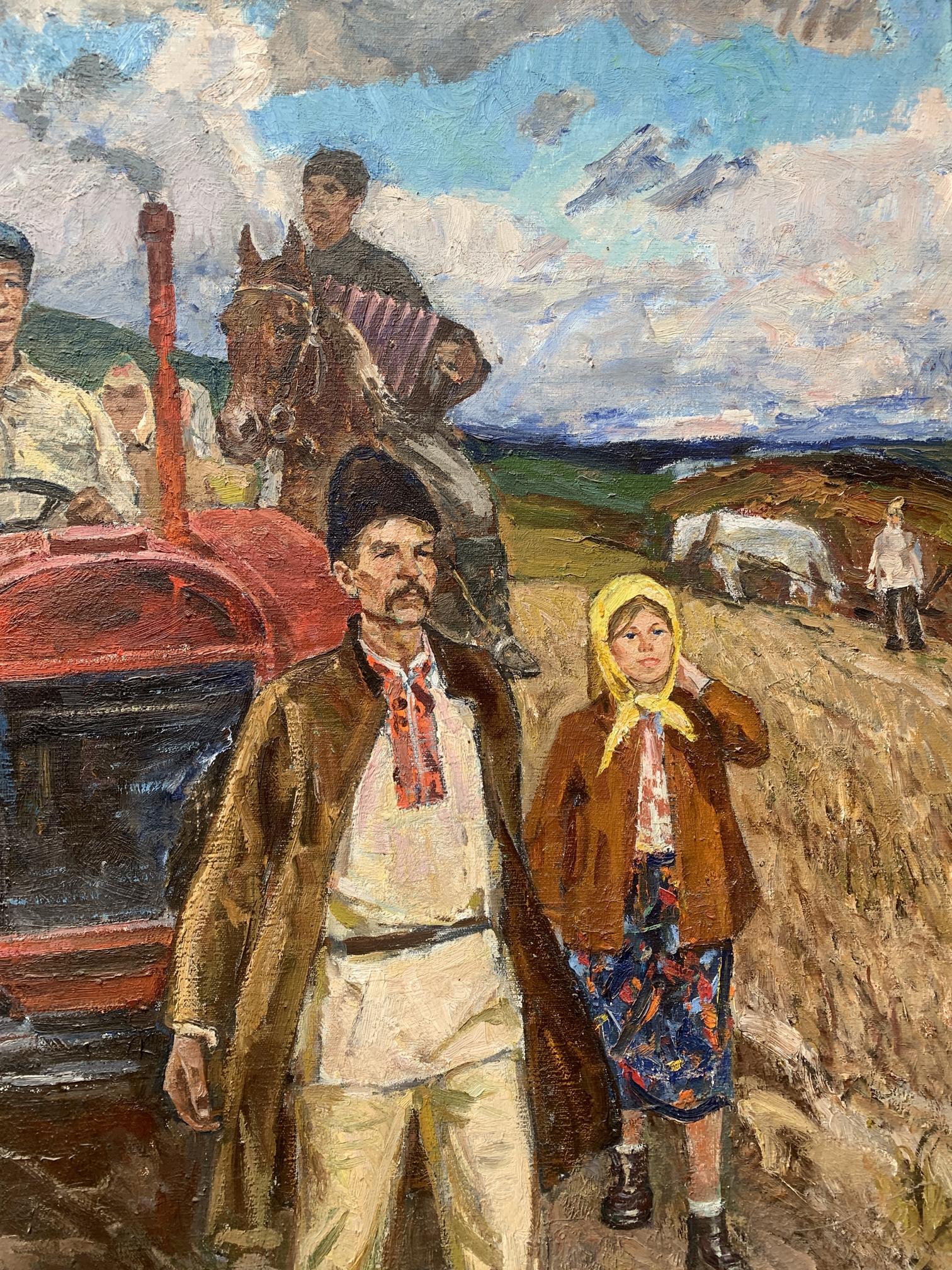 Oil painting First Tractor by Weissburg Efim Efimovich, vibrant rural scene