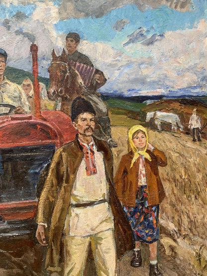 Oil painting First Tractor by Weissburg Efim Efimovich, vibrant rural scene