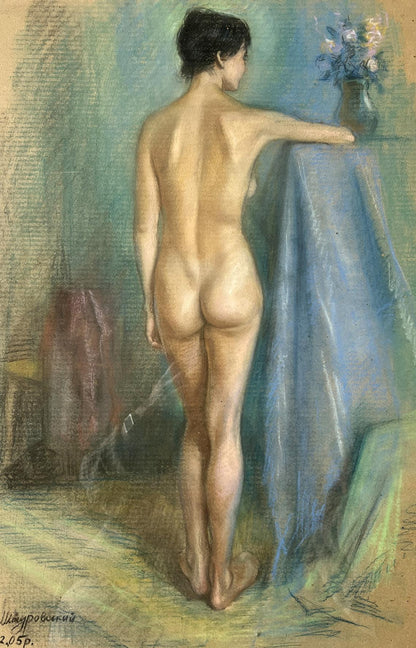 Pastel painting Undraped girl with flowers V. Mishurovsky