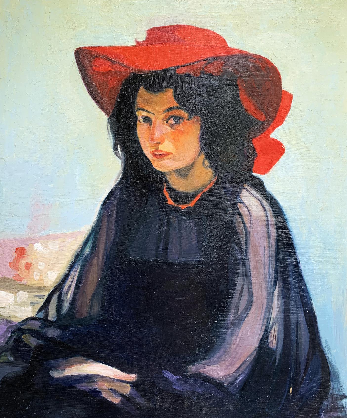 Oil painting portrait of girl in red hat by Boris Serdyuk