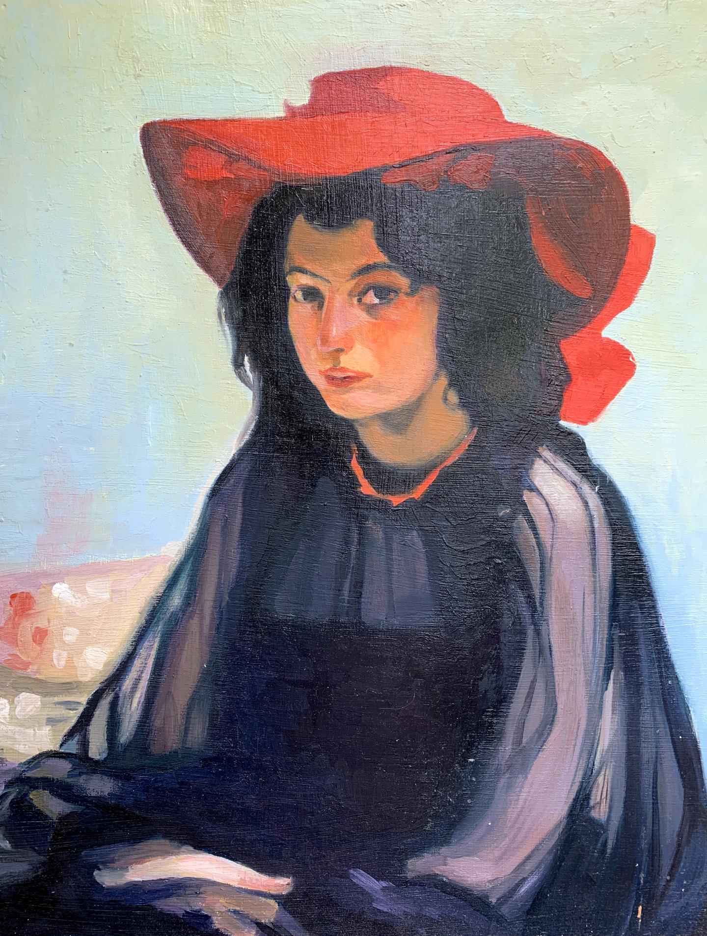Oil painting portrait of girl in vibrant red wide-brimmed hat by Boris Serdyuk
