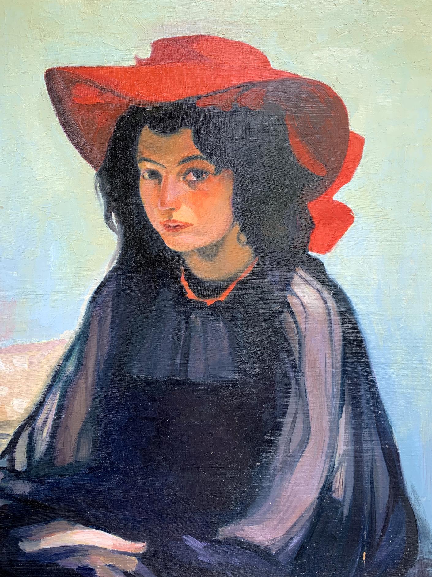 Oil painting portrait of girl in vibrant red wide-brimmed hat by Boris Serdyuk