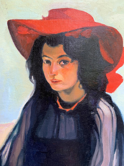Oil painting portrait of girl in red hat by Boris Serdyuk