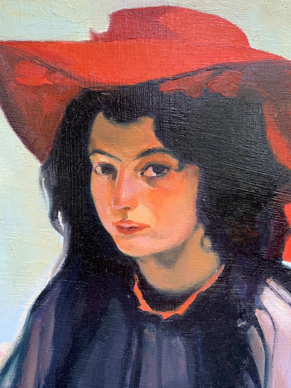 Oil painting portrait of girl in red hat by Boris Serdyuk