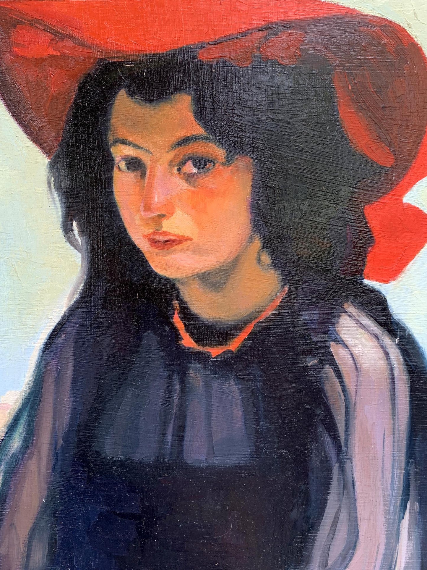 Oil painting portrait of girl in red hat by Boris Serdyuk