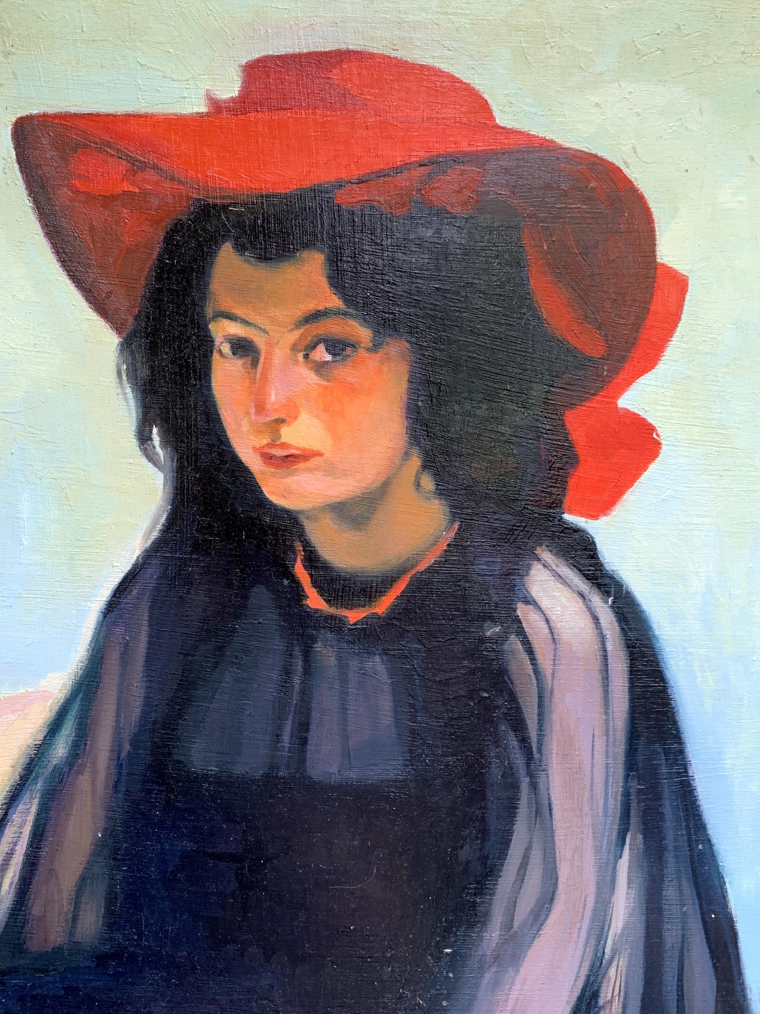 Oil painting portrait of girl in vibrant red wide-brimmed hat by Boris Serdyuk