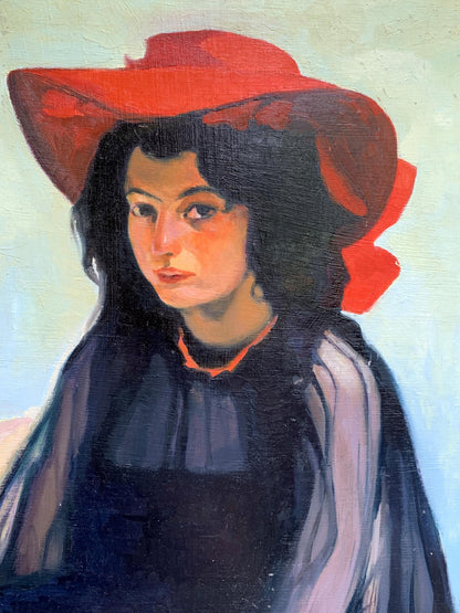 Oil painting portrait of girl in vibrant red wide-brimmed hat by Boris Serdyuk