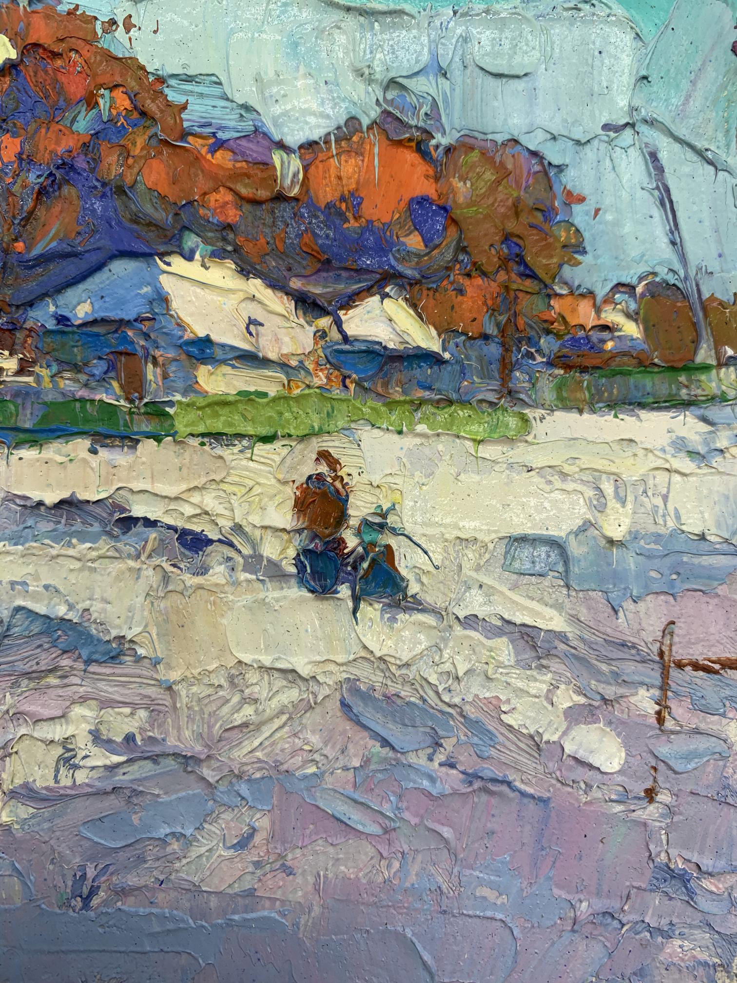 Winter's grip is felt throughout Oksana Ivanyuk's painting, even in its middle stages