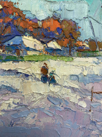 Winter's grip is felt throughout Oksana Ivanyuk's painting, even in its middle stages