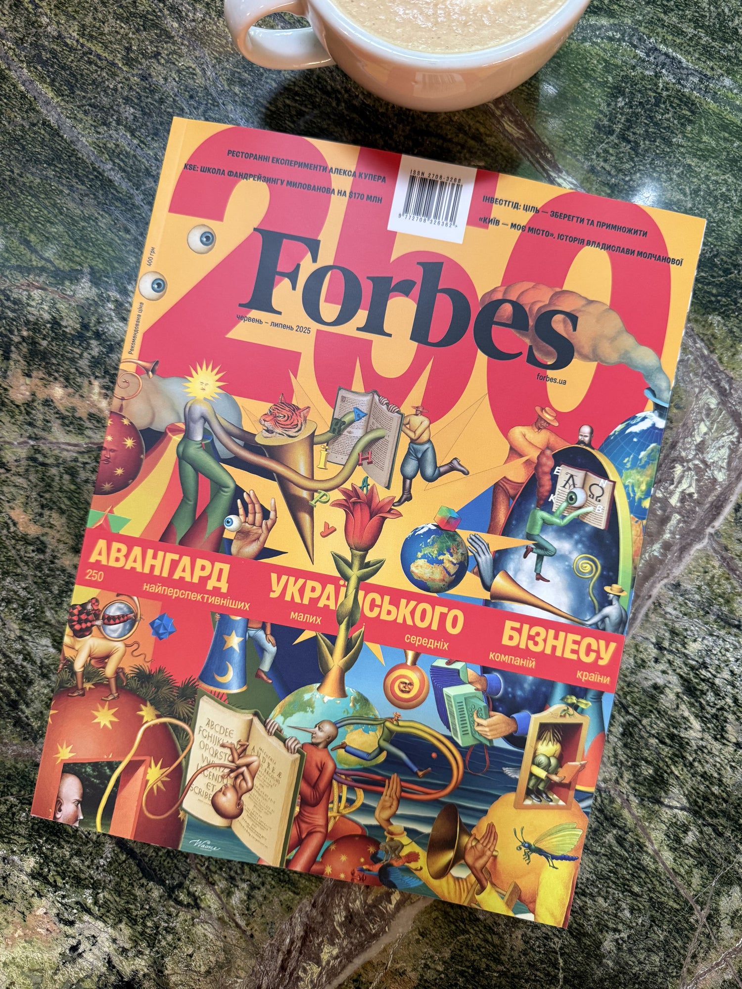 Vibrant yellow and red forbes magazine cover featuring bold black lettering, colorful cartoon illustrations of people interacting with global symbols like a globe and a flower.