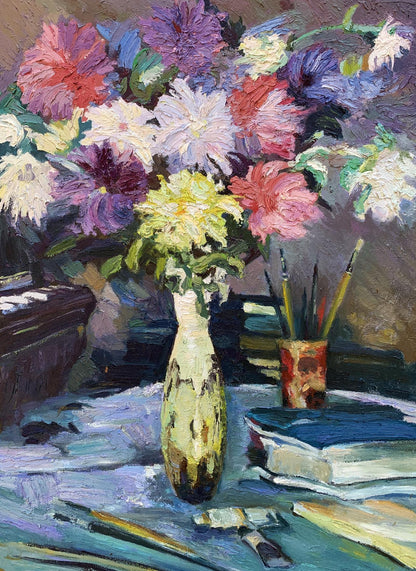 Oil painting of flowers in Boris Serdyuk green vase on desktop