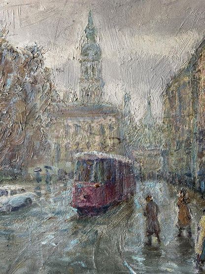 Oil painting raining in City 
