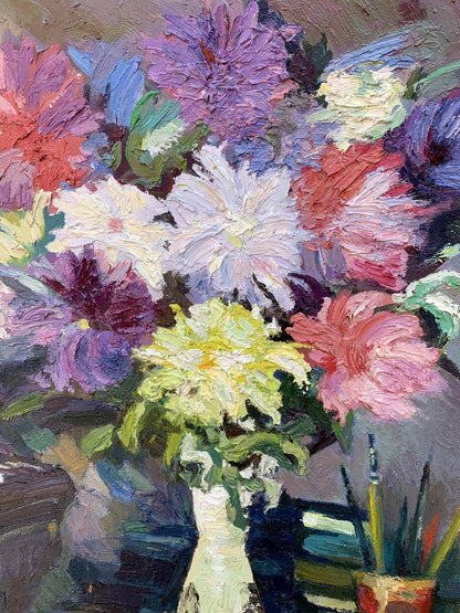 Vibrant impressionistic oil painting of colorful bouquet in vase by Boris Serdyuk