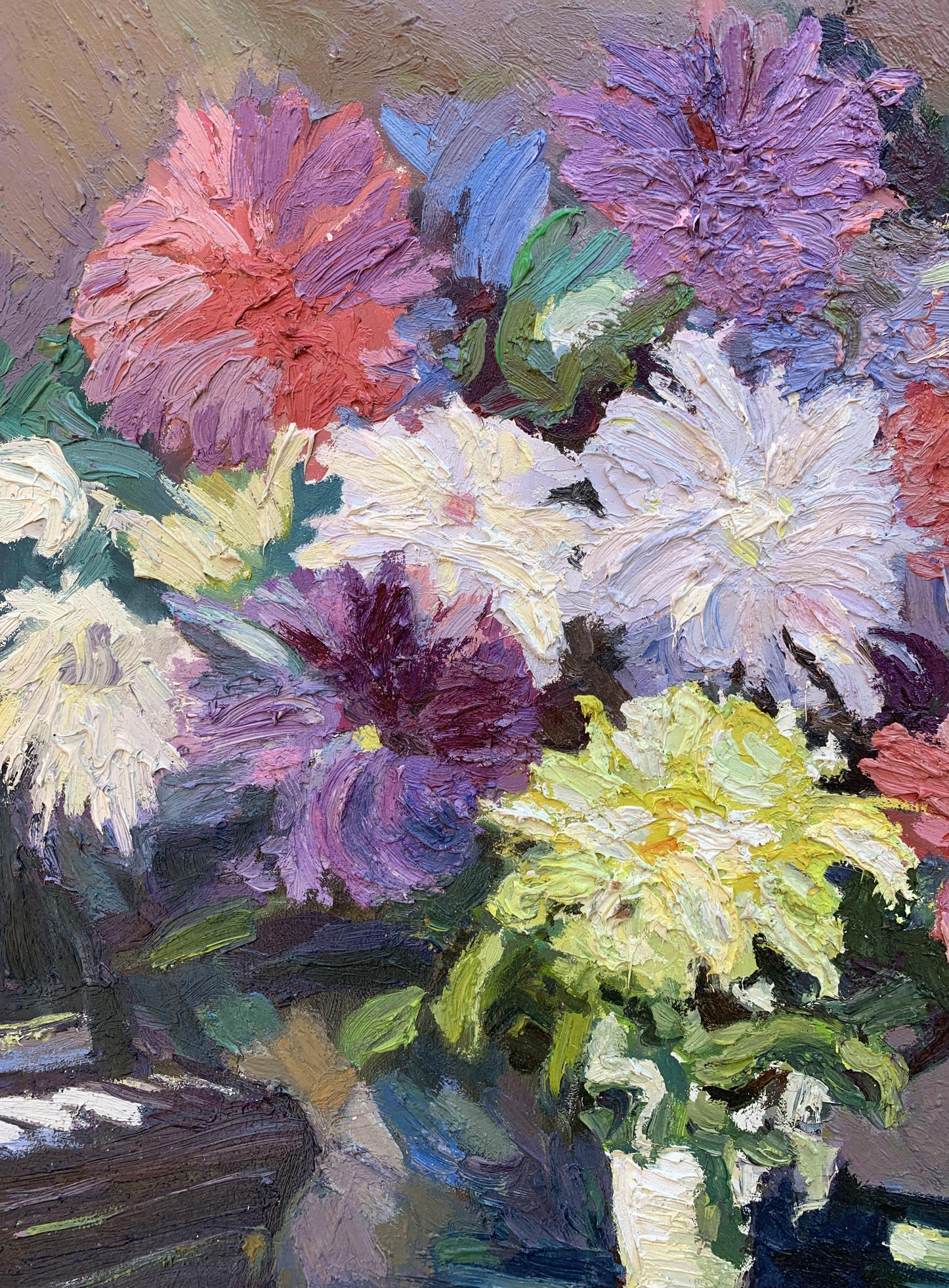 Vibrant impressionistic oil painting of pink purple flowers by Boris Serdyuk
