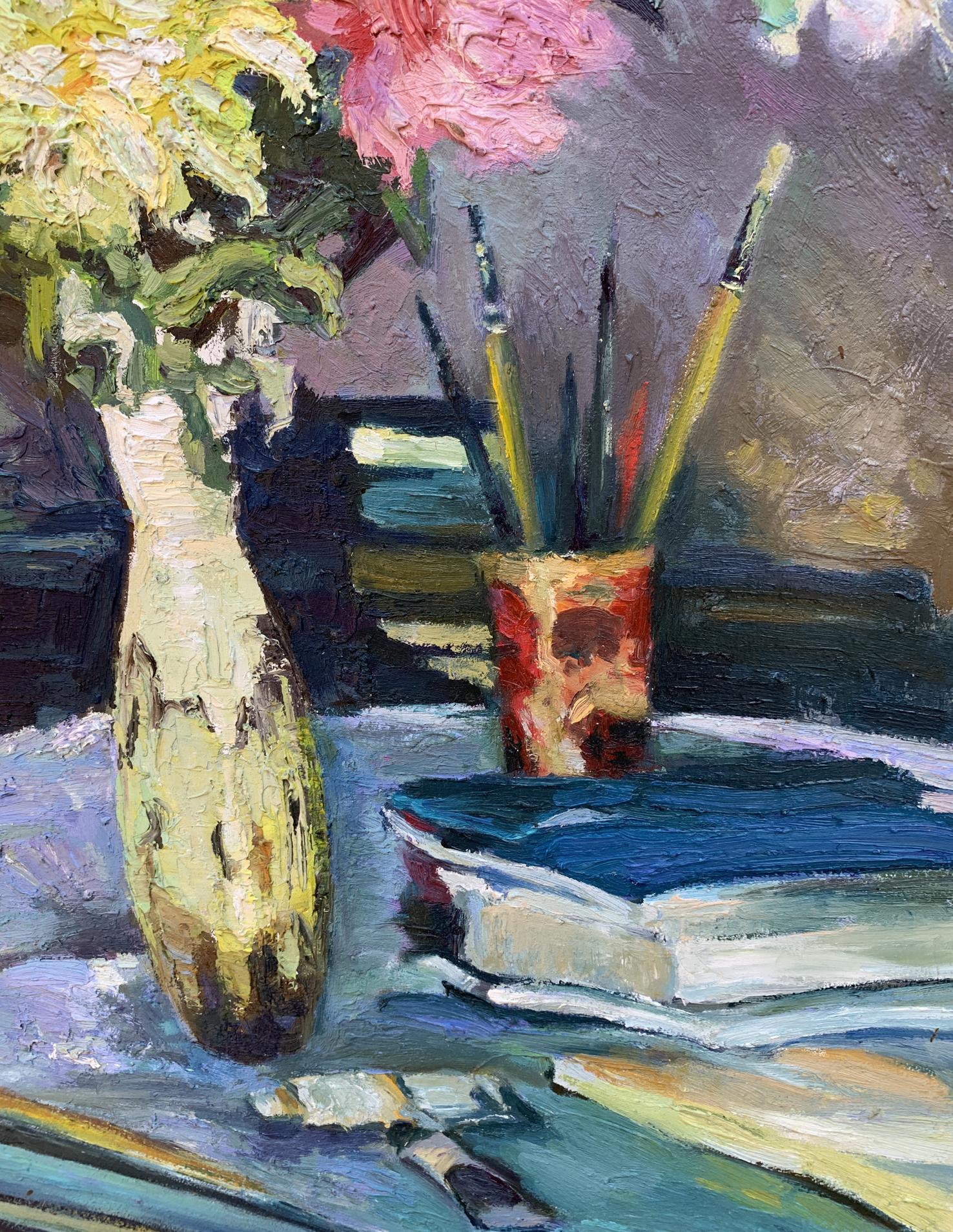 Oil painting Flowers and desktop Boris Serdyuk: tall textured vase with yellow pink bouquet