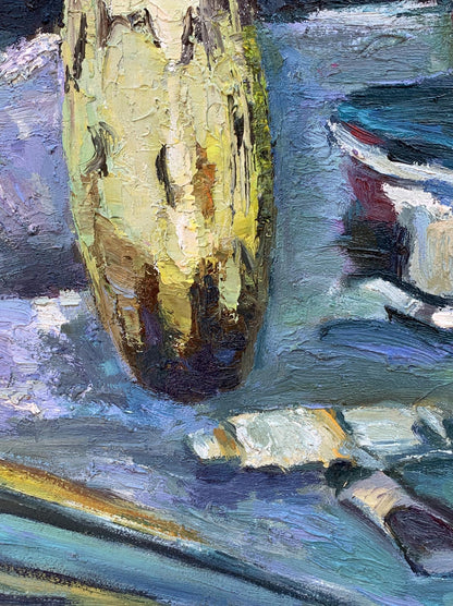 Textured yellowish-green ceramic vase with brushstrokes by Boris Serdyuk