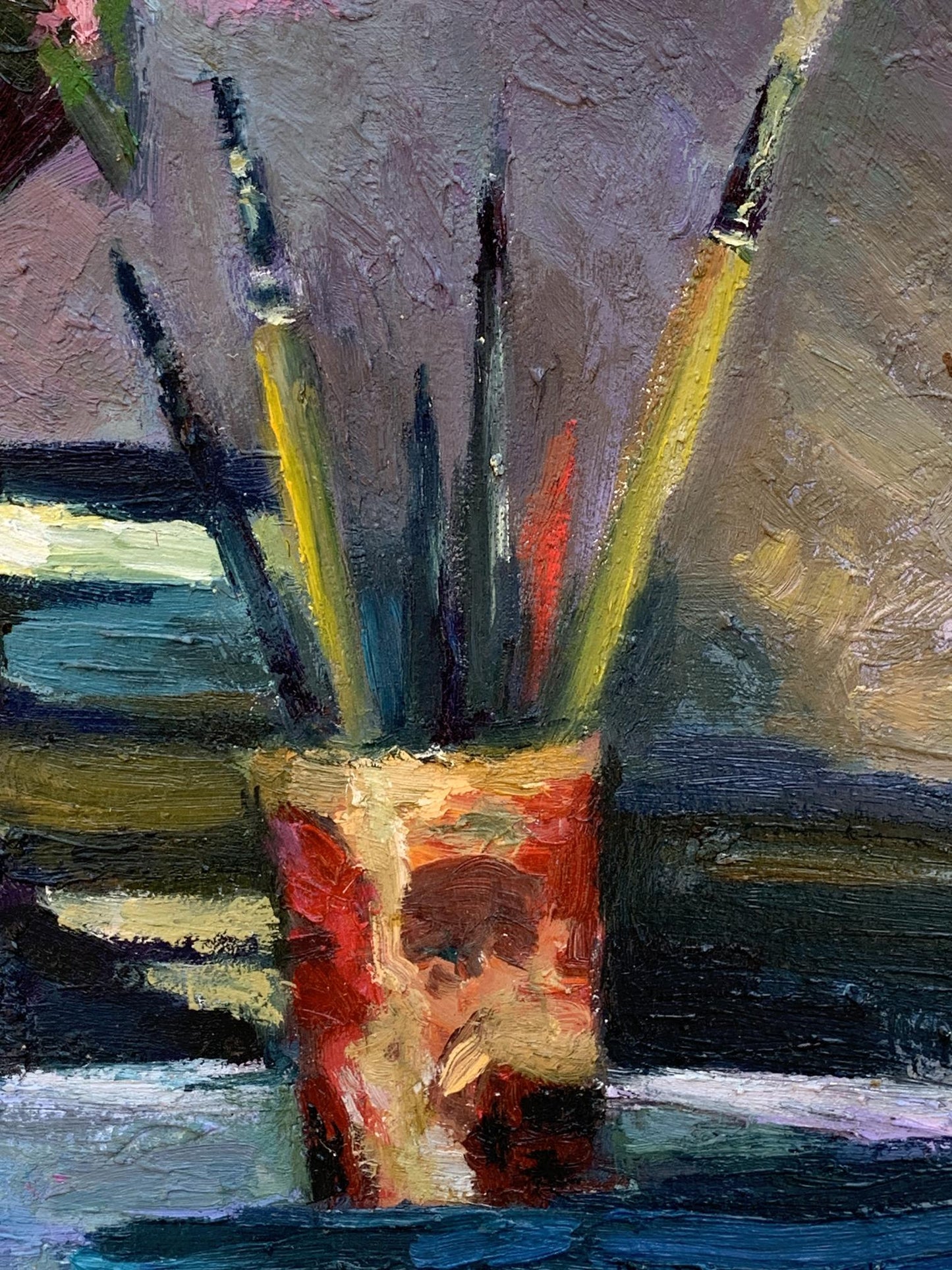 Oil painting of colorful paintbrushes in cup by Boris Serdyuk