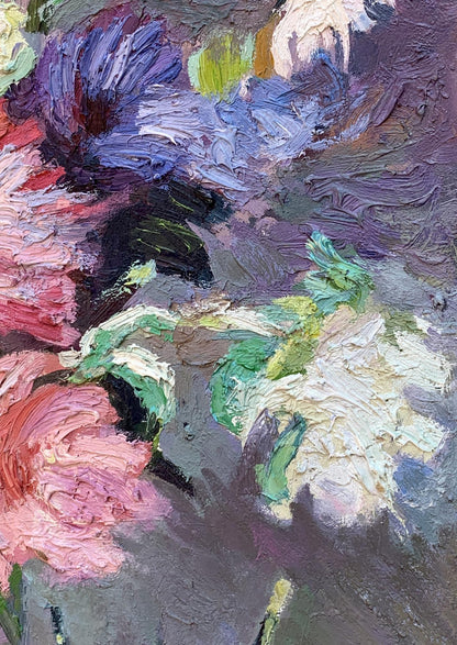 Textured oil painting of impressionistic pink purple white flowers by Boris Serdyuk