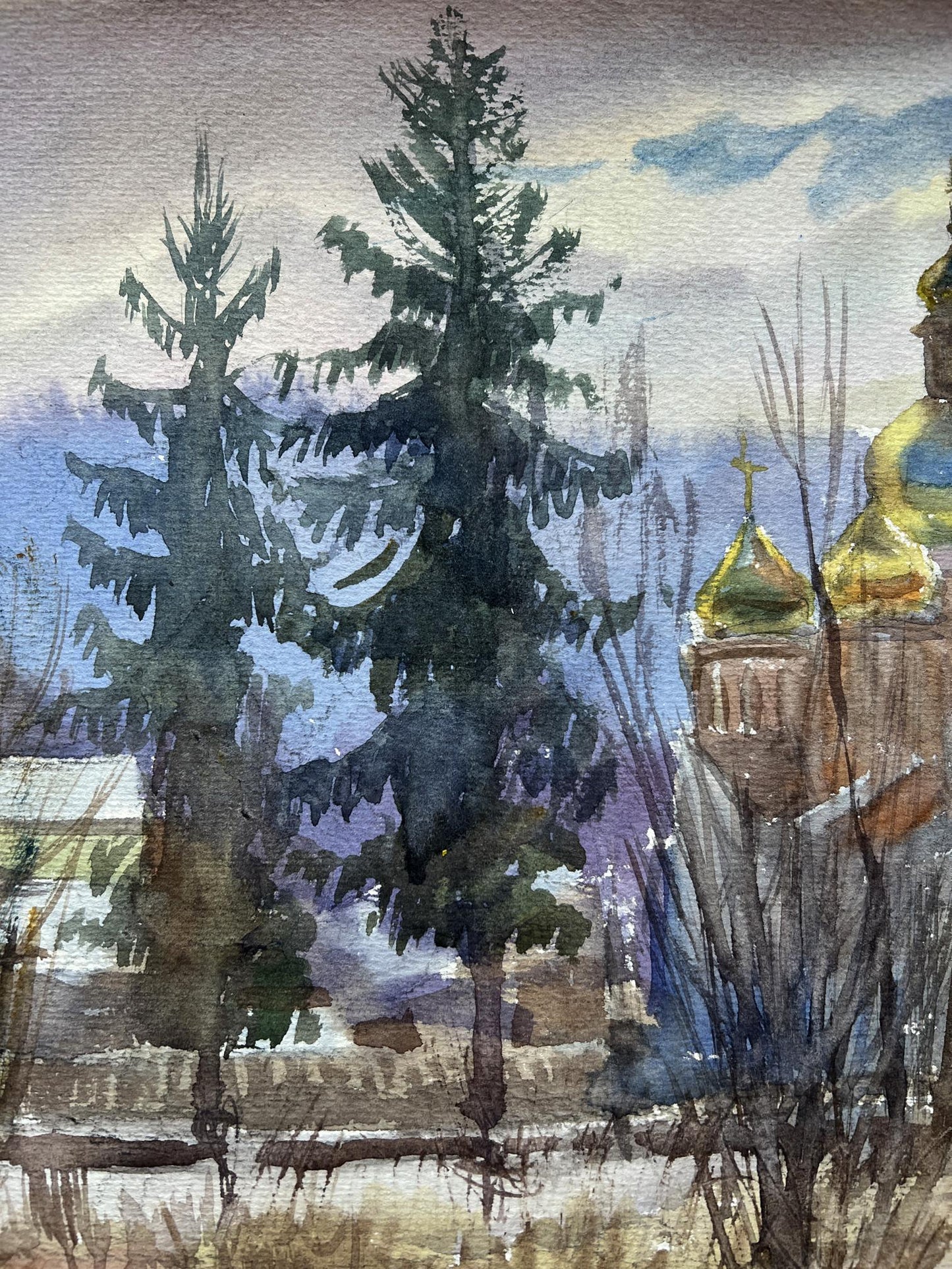 Watercolor painting Winter Mountain Landscape 