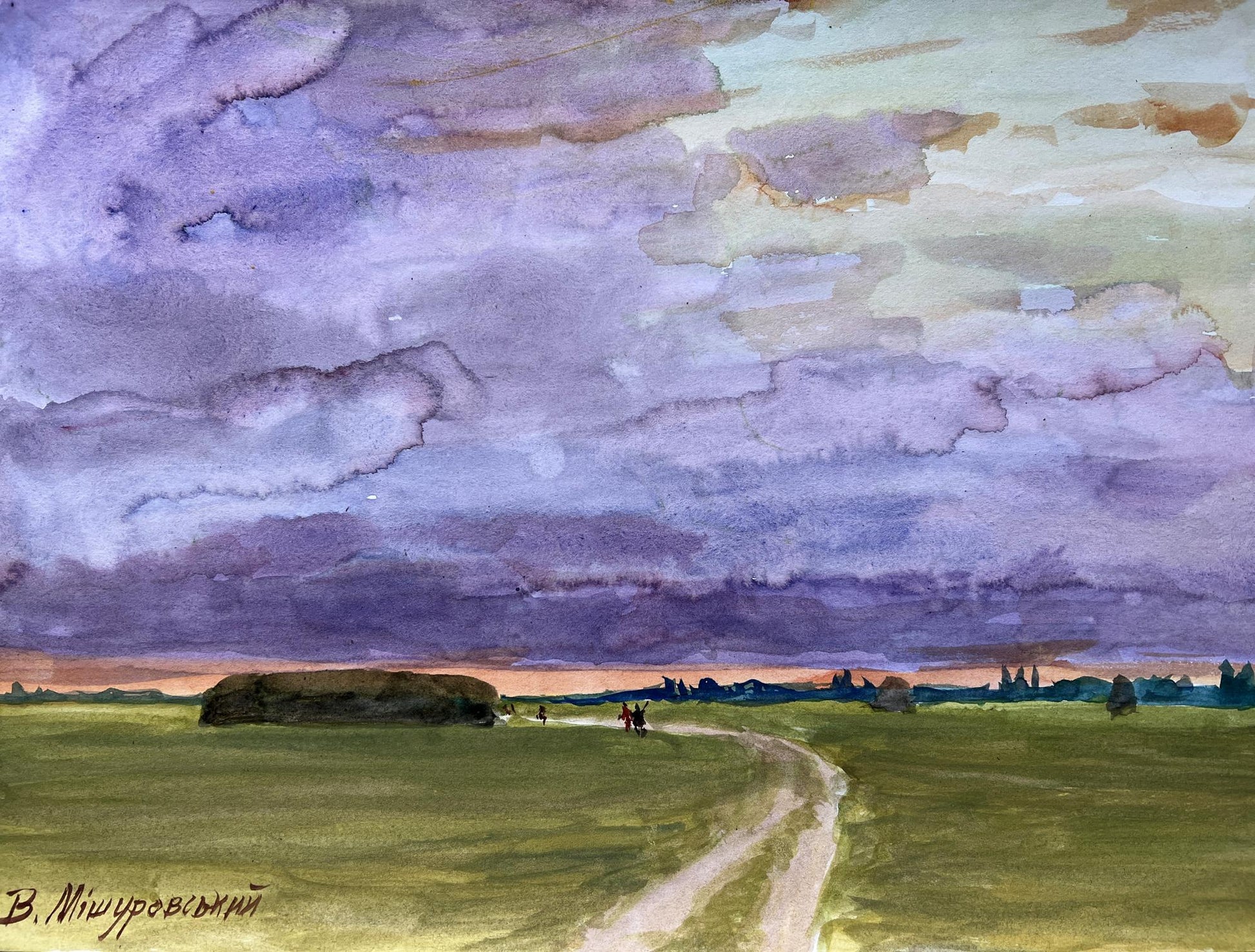 Gouache painting Evening in the meadow V. Mishurovsky
