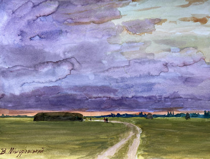 Gouache painting Evening in the meadow V. Mishurovsky
