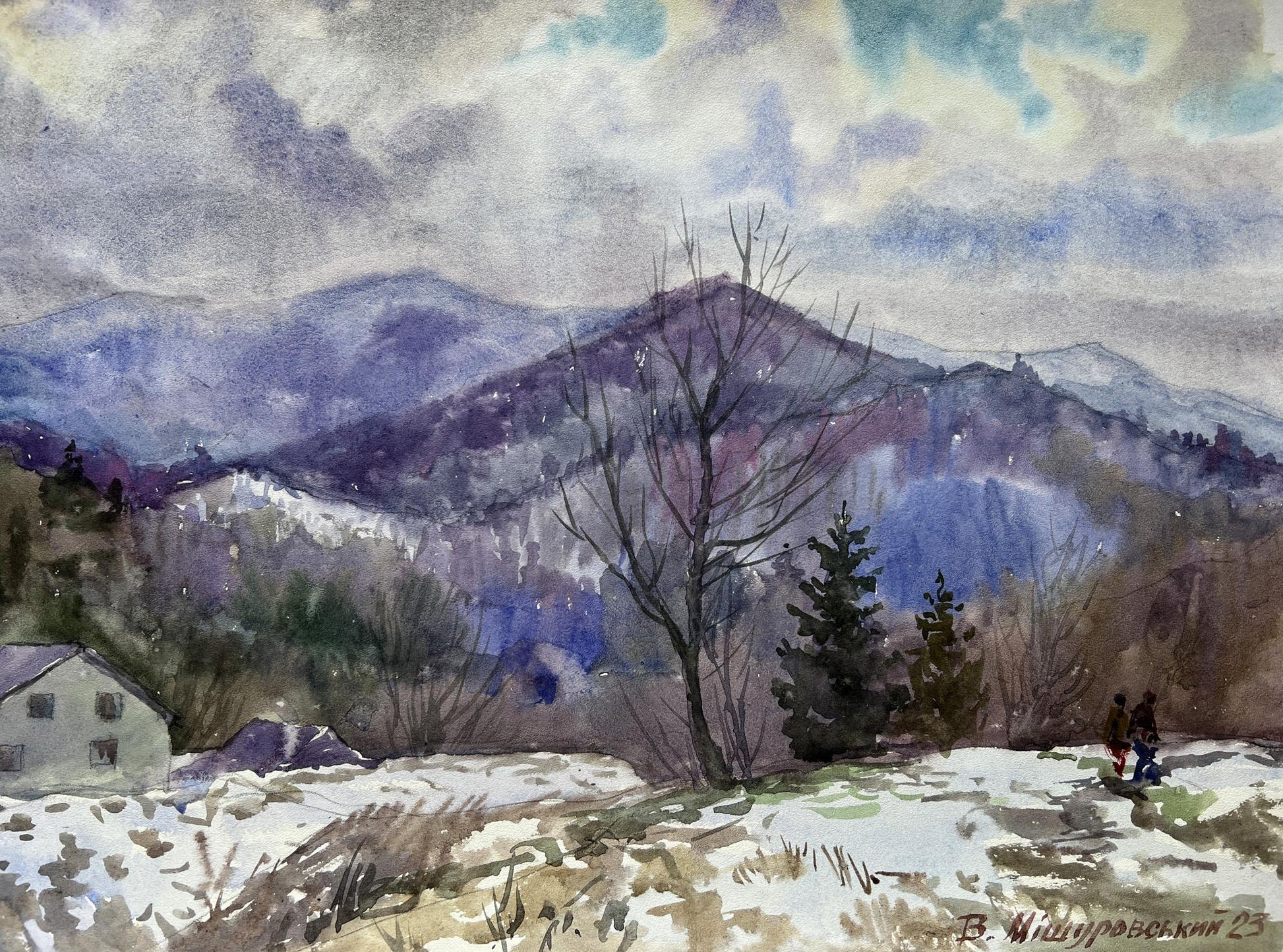 Watercolor painting Winter in the mountains V. Mishurovsky