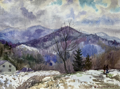 Watercolor painting Winter in the mountains V. Mishurovsky