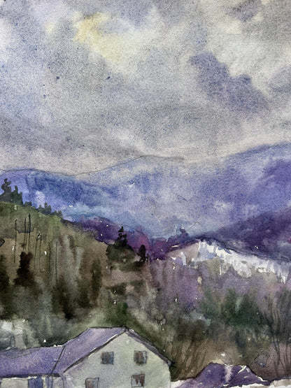 Watercolor painting Winter mountains 