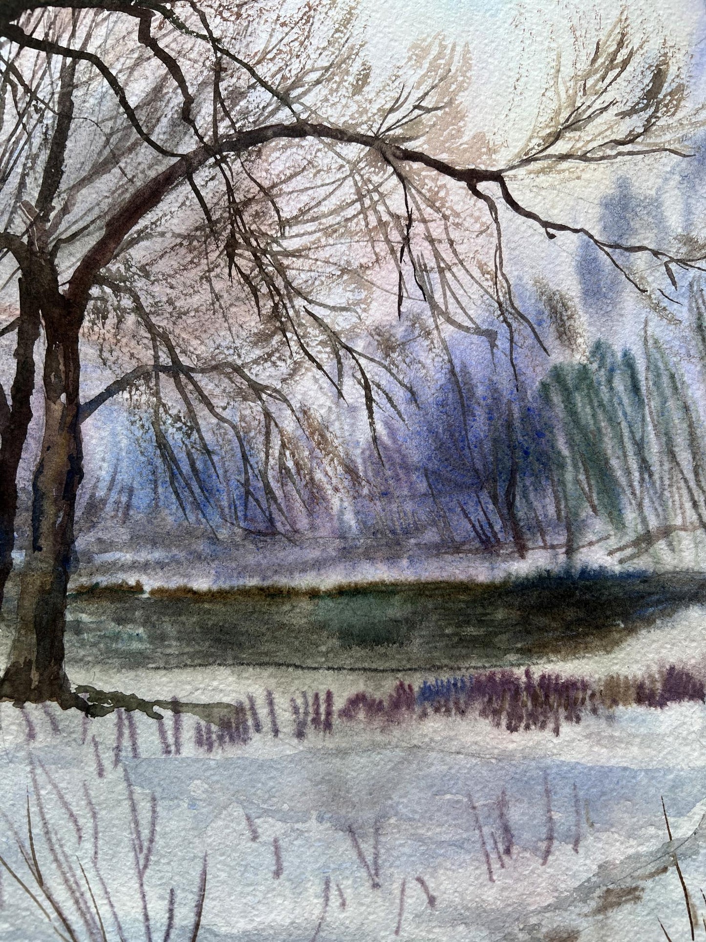 Watercolor painting Winter Nature Landscape 